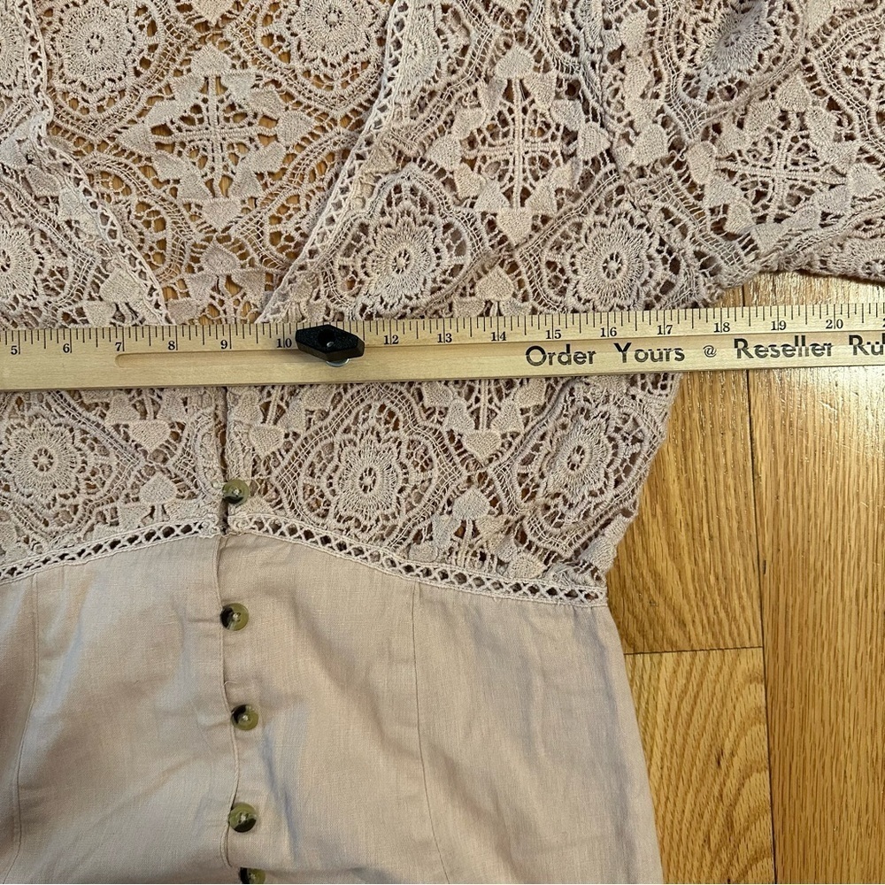 Free People Shrimpton Crochet Lace Mini Dress Pink Sz S bell sleeves boho hippie - Picture 5 of 10